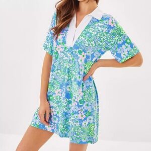 Lilly Pulitzer Mini Dress Alden Blue Floral Short Sleeve Golf UPF 50 size L